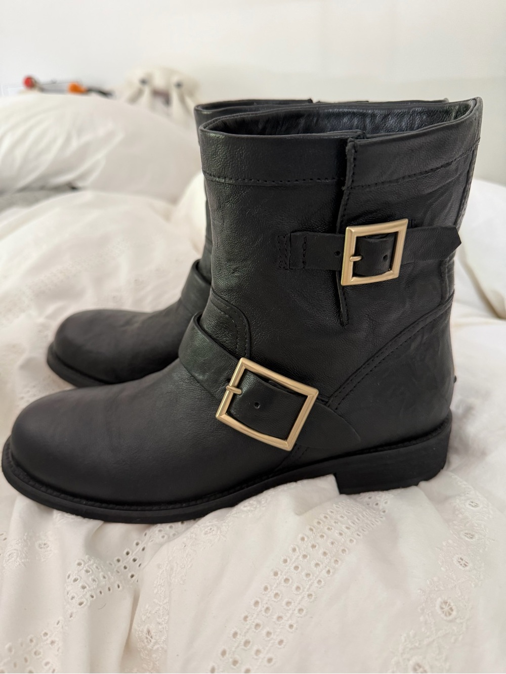 Jimmy Choo Black Leather Boots with Gold Buckles